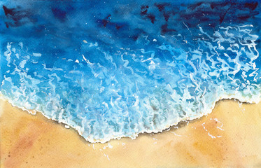 Watercolor picture of aquamarine blue ocean wave and sand beach