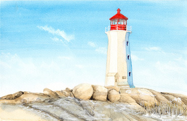  Watercolor picture of  lighthouse in Peggy's Cove in  Canada