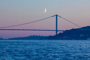 Night Cityscape and Seascape , Moon,  Istanbul Bosphorus Bridge