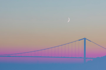 Night Cityscape and Seascape , Moon,  Istanbul Bosphorus Bridge