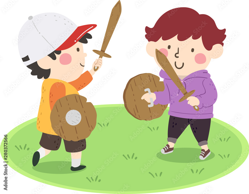 Wall mural Kids Play Wooden Sword Shield Boys Illustration