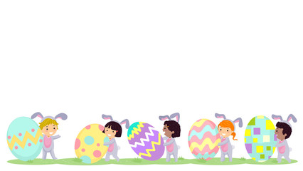 Stickman Kids Bunny Easter Eggs Walk Border