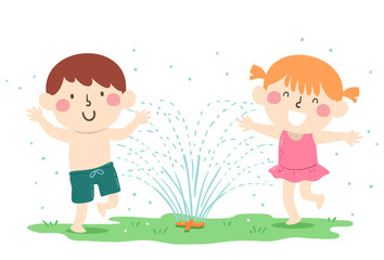 Kids Play Garden Sprinklers Illustration
