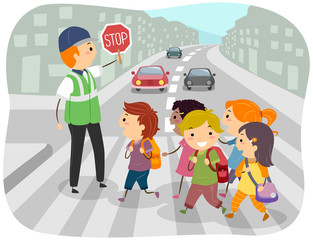 Stickman Kids School Crossing Guard Illustration