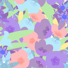 pattern with flowers and leaves. Violet, pink and blue flowers