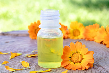 calendula essential oil near the yellow flowers of calendula on a wooden background in nature. Extract of tincture of calendula.