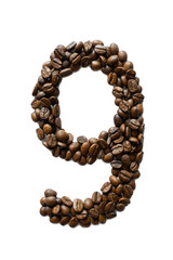A digit 9 laid out of roasted fragrant coffee beans on a white background