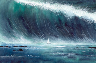 Watercolor picture of a sailing boat  in storm with gigantic green wave and white sea foam