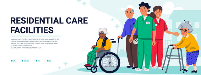 Residential care facilities concept. Group of elderly people and social workers. Horizontal banner or cover. Senior people healthcare assistance flat Vector illustration.