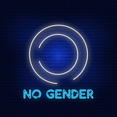 Neon lighting symbols of gender(U+26 A A) circumference medium size, filled with white, is used to denote gendernet &mdash; the lack of sex. Modern vector logo, icon, banner, shield, screen, gender symbol.