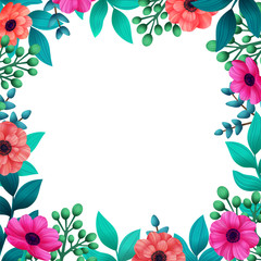 Floral frame. Tropical flowers trendy template. Vertical Design with beautiful flowers and palm leaves with copy space on white background. digital illustration