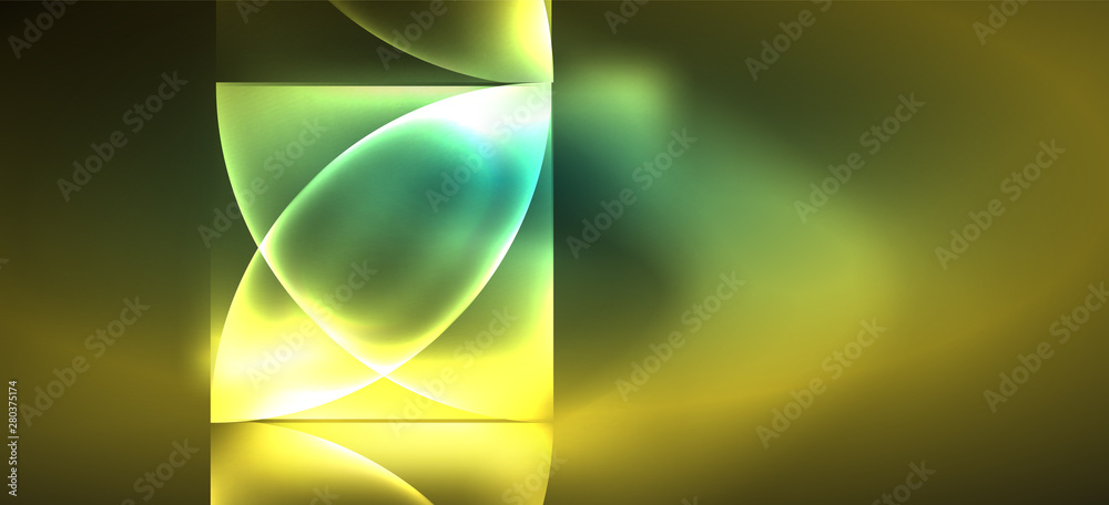 Fototapete techno glowing glass geometric shapes vector background, futuristic dark template with neon light ef
