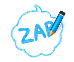 Pencil sketch of speech bubble. Hand drawn doodles with crayon and written short message Zap. Banner cloud shape with quote, blue lines stroke and scribble. Vector comics