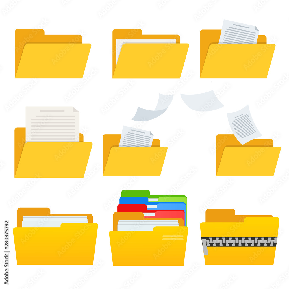 Fototapete set of yellow web computer folder icon with documets for design on white, stock vector illustration