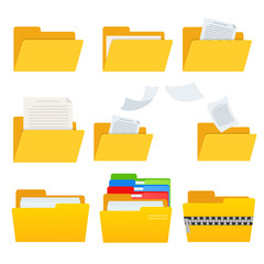 set of yellow web computer folder icon with documets for design on white, stock vector illustration