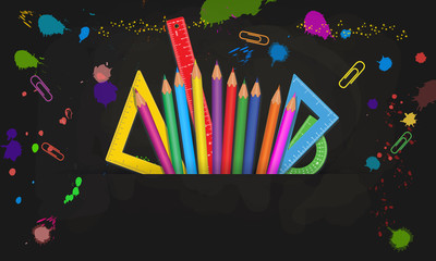 Back to School black blackboard background with colorful school supplies, paint splashes and splatter. Measure ruler, protractor, pencils. Template design for banner, poster, flyer. Copy space