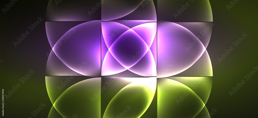 Fototapete techno glowing glass geometric shapes vector background, futuristic dark template with neon light ef