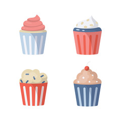 Cute Birthday party cake vector icons set in cartoon style.