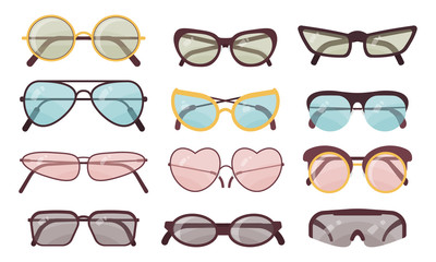 Accessory sun spectacles vector set. Collection of colorful sunglasses. Summer eyeglasses.