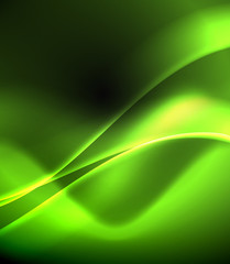 Dark space with shiny neon light motion waves. Abstract concept graphic element. Vector neon background. Technology background