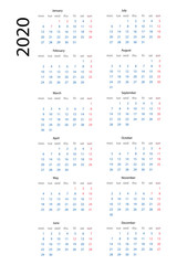 2020 Calendar template.Yearly planner stationery universal, classic design vertical