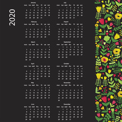 2020 Calendar template, 12 Months. Yearly bright floral , spring- summer planner stationery
