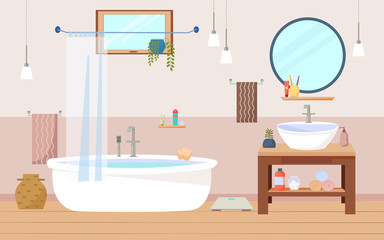 Fototapeta na wymiar Bathroom interior furniture with bath, sink and wooden cupboard, a round mirror, lamps, towels, window. Flat vector illustration