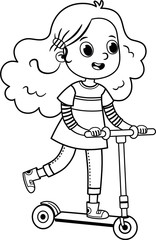 Black and white teen girl on a scooter riding. Vector illustration.