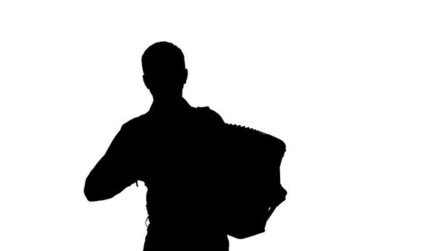accordionist plays the accordion masterly in the studio, black silhouette on a white background,isolated,close-up