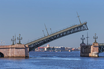  rise of the Trinity bridge in St. Petersburg before the passage of the warships participating in...
