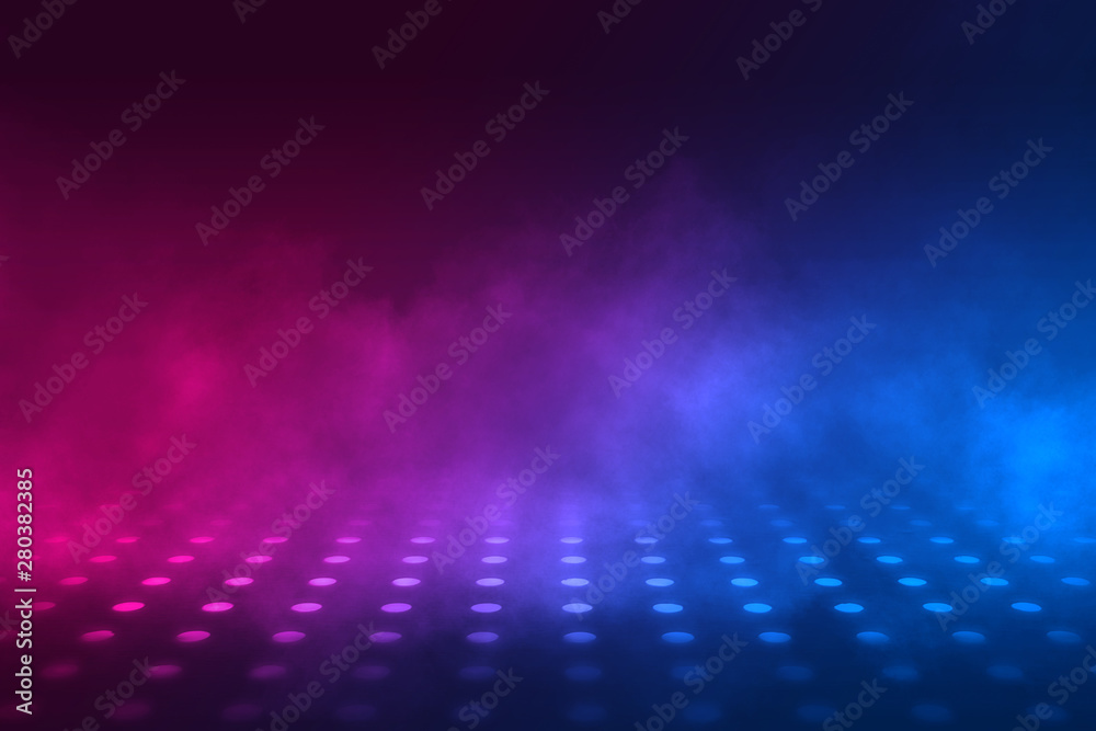 Aufkleber empty background scene. dark reflection of the street on the wet asphalt. rays of blue and red neon 