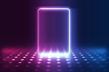 Empty background scene. Dark reflection of the street on the wet asphalt. Rays of blue and red neon light in the dark, neon figures, smoke. Background of empty stage show. Abstract dark background.