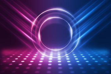 Empty background scene. Dark reflection of the street on the wet asphalt. Rays of blue and red neon light in the dark, neon figures, smoke. Background of empty stage show. Abstract dark background.