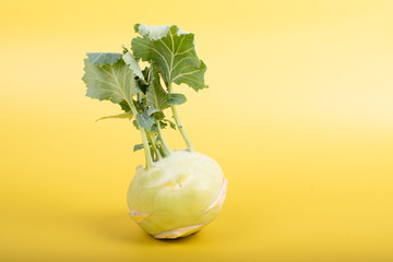 Three pieces of kohlrabi vegetable isolated on yellow simple background with copy space. Green...