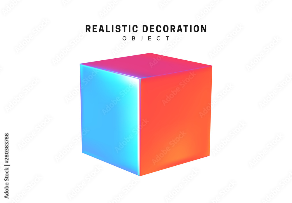 Poster square and cube. realistic shape 3d objects with gradient holographic color of hologram. decorative 