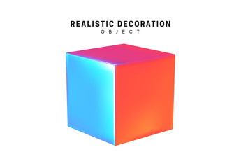 Square and cube. Realistic shape 3d objects with gradient holographic color of hologram. Decorative design elements isolated on white background. vector illustration