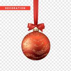 Xmas balls red color. Christmas bauble decoration elements. Object isolated a background with transparency effect