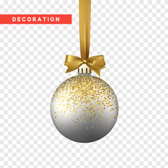 Xmas balls silver and gold color. Christmas bauble decoration elements. Object isolated a background with transparency effect