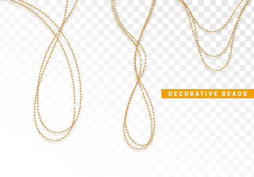 String Beads Realistic Isolated. Decorative Design Element Golden Bead