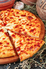 Georgian national dish with cheese and greens -hachapuri. Baked dough in the oven with Kahumi cheese and fragrant spices. National cuisine