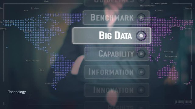 A businessman selecting an Information business concept on a futuristic screen.