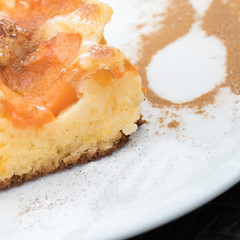 Parts of an apricot cake on the side and a powdered sugar mask on a white dishware. The cinnamon mask of a spoon is in the blurred background visible.