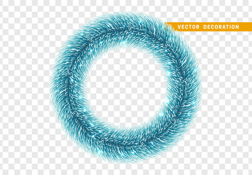 Christmas Traditional Decorations, Blue Lush Tinsel. Xmas Circle Wreath Garland, Isolated Realistic Decor Element