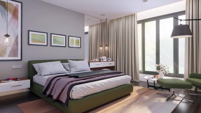 3d render. Flying around the bed in the bedroom