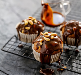Nut-chocolate muffins covered with dark chocolate and roasted pine nuts, top view, close-up. Tasty breakfast or dessert