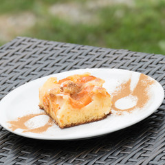 Rattan table with delicious apricot cake on a white dishware. In the green background there is copy space.