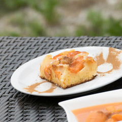 Sheet cake with apricots, cinnamon and powdered sugar on a rattan furniture. In the front there is an apricot compote and in the blurred green background there is copy space.
