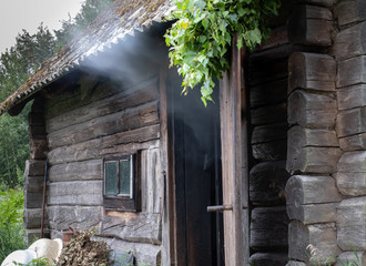 traditional smoke sauna heating process, smoke goes out