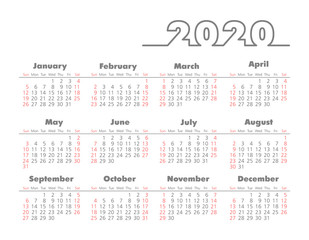 Vector calendar 2020 year. Week starts from Sunday