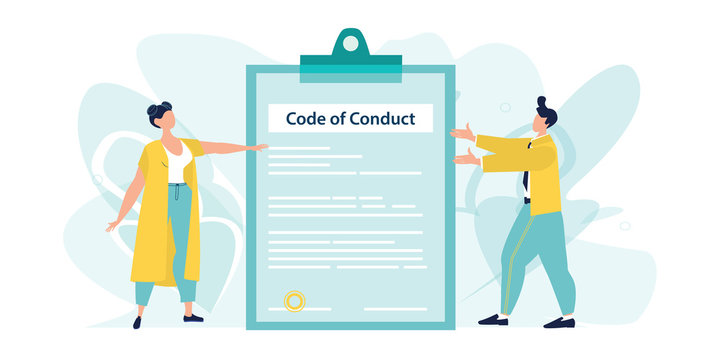 Code of Conduct. Business ethics. Business man and woman looking on document on a clipboard paper. Concept of ethical integrity value and ethics. Vector illustration. Flat cartoon style.